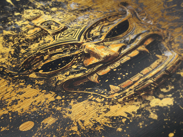Balinese Demon Mask Metallic Gold Metal Print, Ornate Tribal Face Art, Mythical Splatter Style Wall Decor, Real Wood Frame