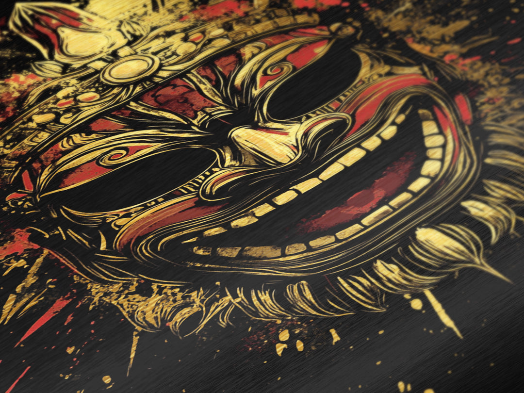 Balinese Guardian Mask Metallic Gold Metal Print, Ornate Tribal Face Artwork, Cultural Ethnic Wall Decor, Real Wood Frame