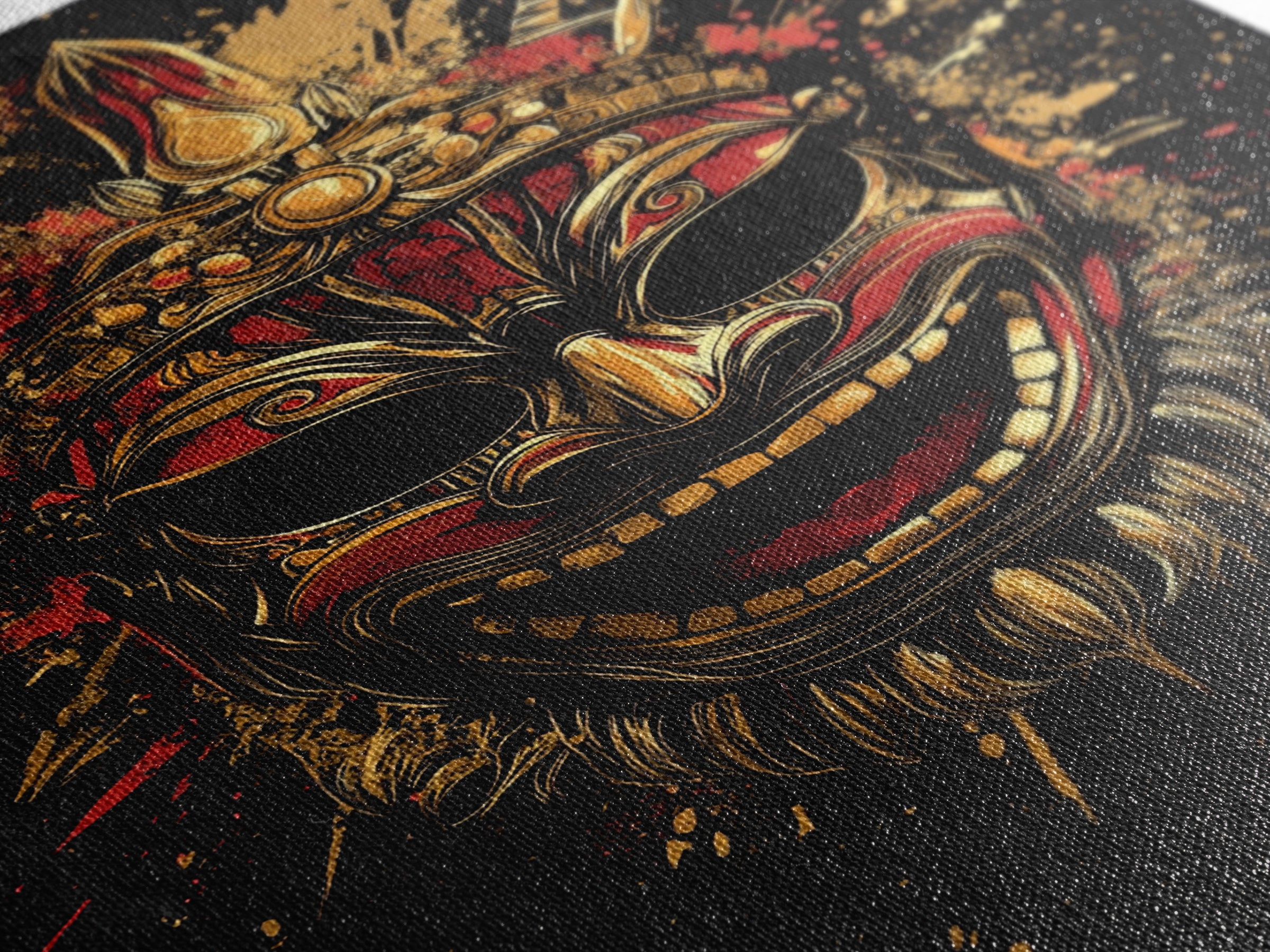 Balinese Guardian Mask Gold Canvas Print, Ornate Tribal Face Artwork, Cultural Ethnic Wall Decor, Real Wood Frame