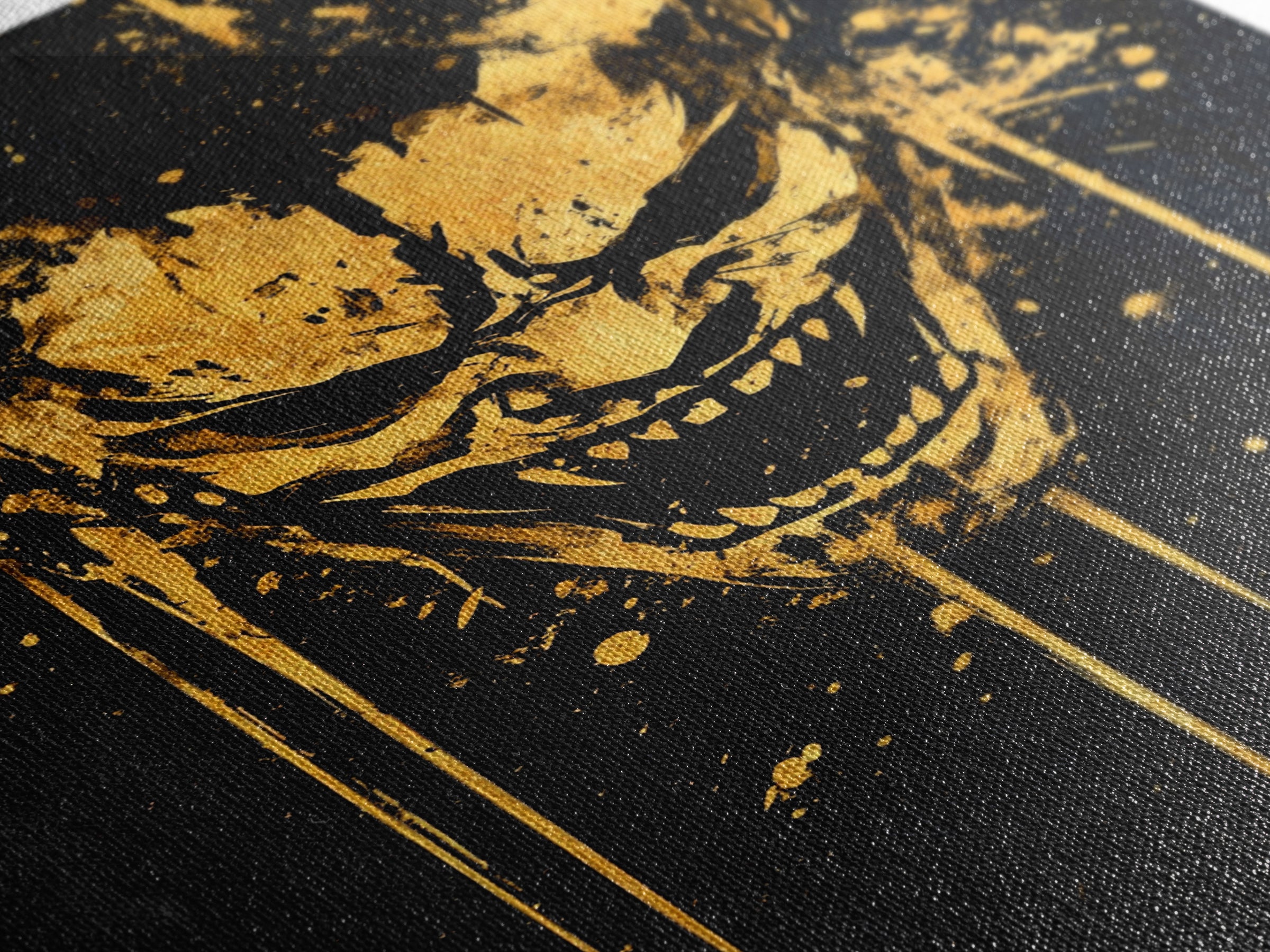 Demonic Splatter Mask Gold Canvas Print, Fierce Abstract Face Art, Bold Horror Inspired Wall Decor, Real Wood Frame