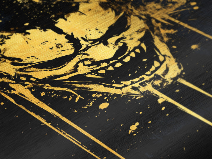 Demonic Splatter Mask Metallic Gold Metal Print, Fierce Abstract Face Art, Bold Horror Inspired Wall Decor, Real Wood Frame