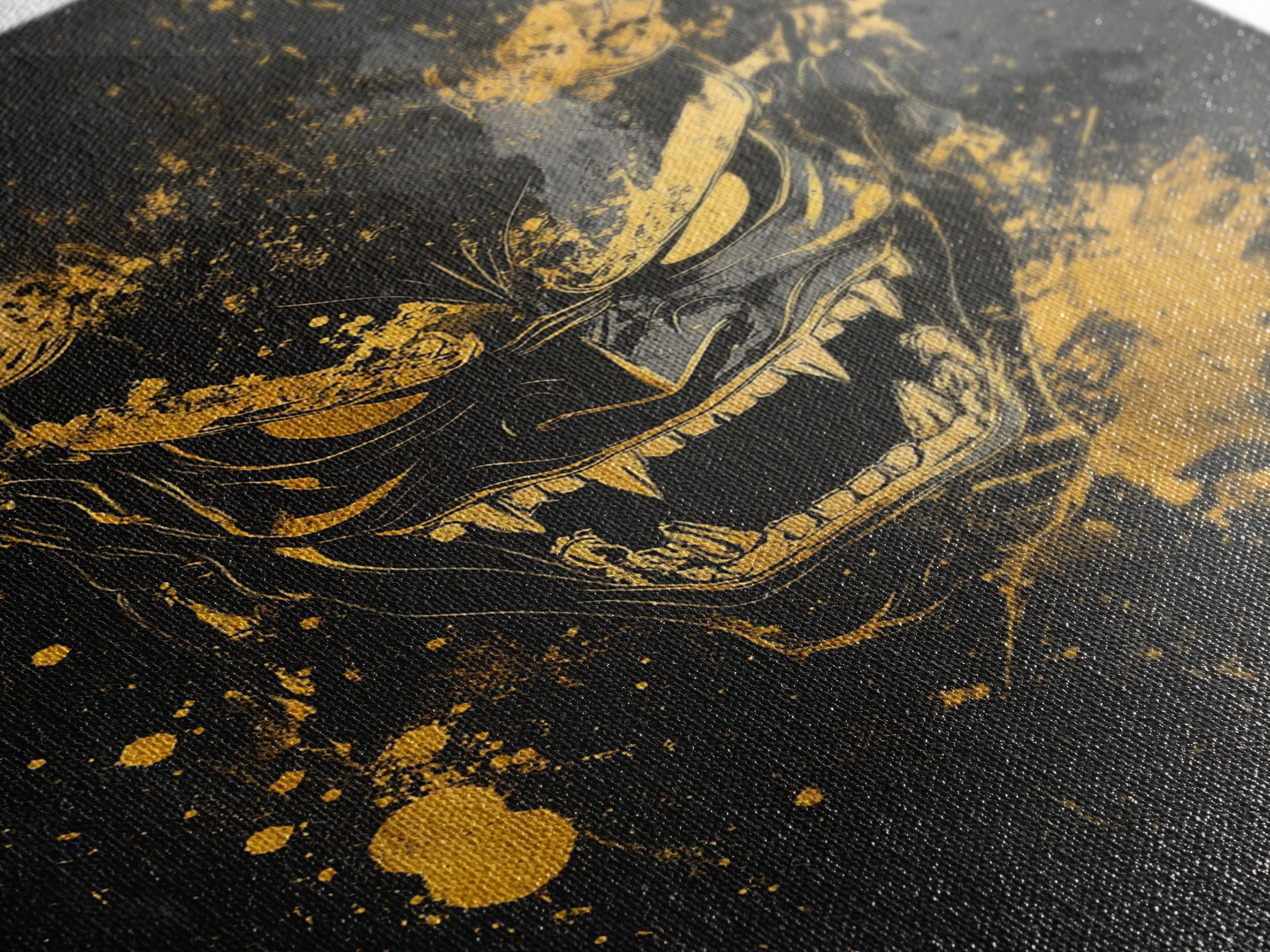 Oni Demon Mask Gold Canvas Print, Japanese Inspired Splatter Artwork, Fierce Mythical Wall Decor, Real Wood Frame