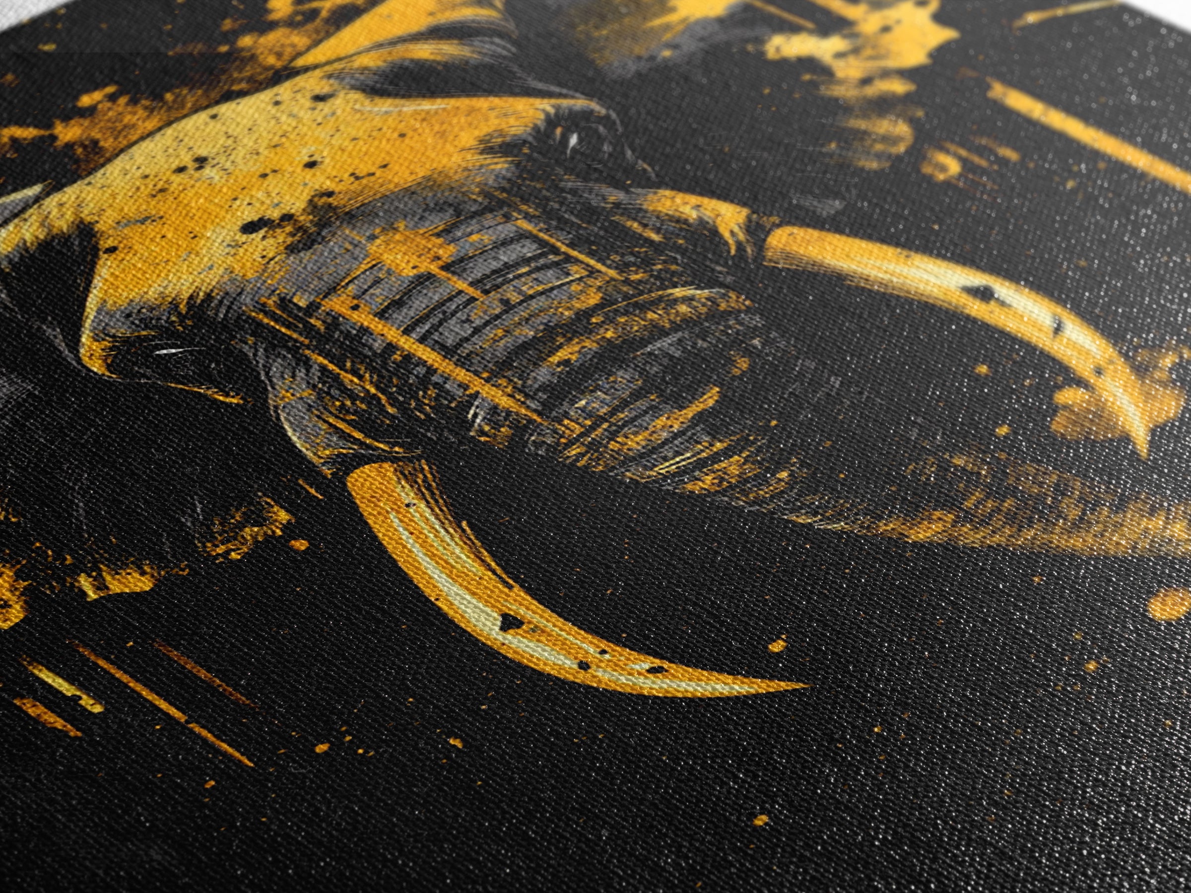 Elephant Head Gold Canvas Print, Splatter Style Wildlife Artwork, Majestic Animal Wall Decor, Real Wood Frame