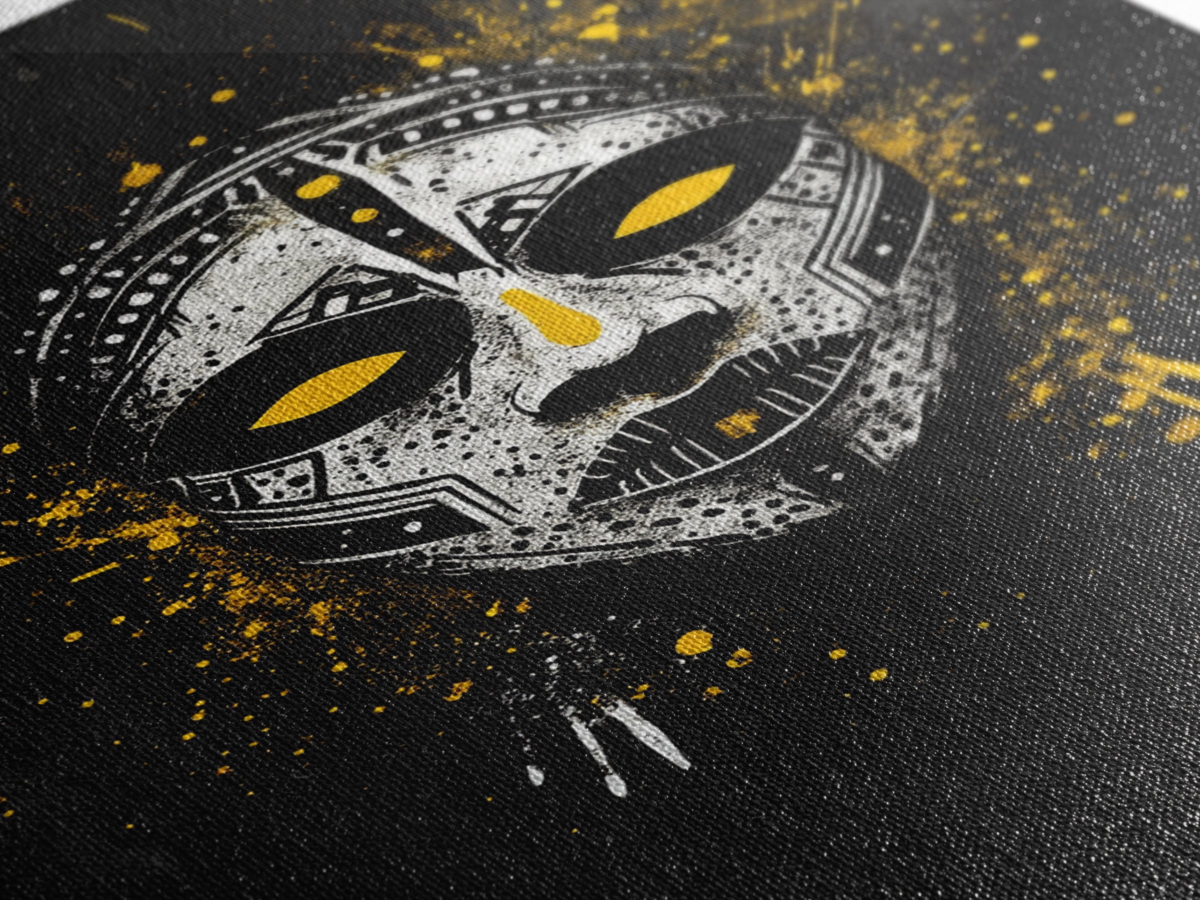 Tribal Painted Mask Gold Canvas Print, Ethnic Face Artwork, Bold Splatter Ink Wall Hanging Decor, Real Wood Frame