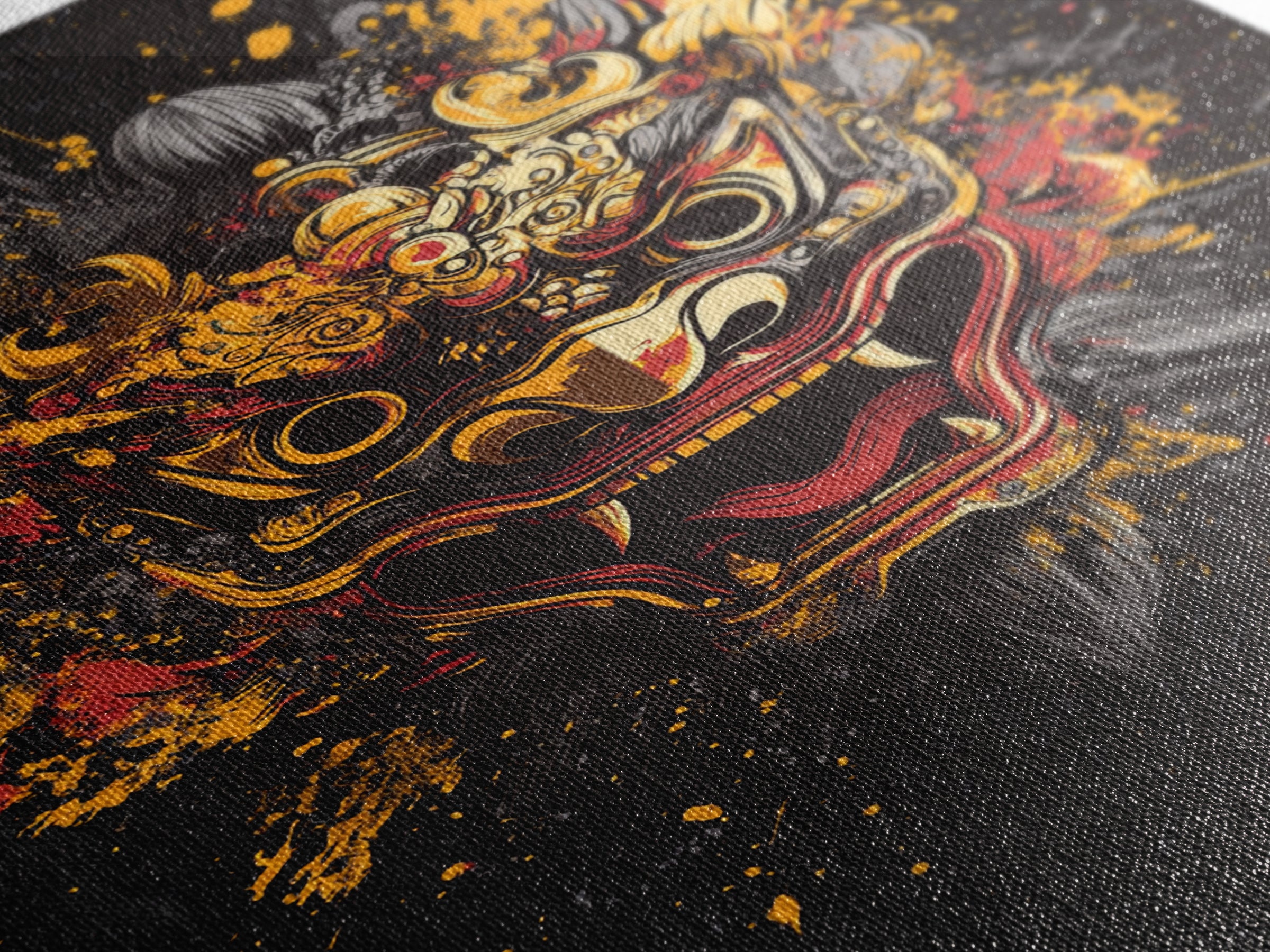 Barong Mythical Mask Gold Canvas Print, Ornate Balinese Face Artwork, Cultural Splatter Wall Decor, Real Wood Frame
