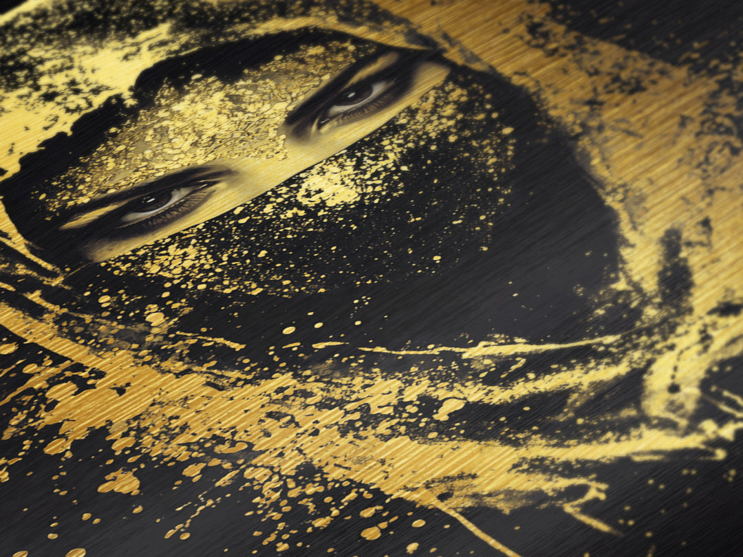 Mystical Veiled Woman Metallic Gold Metal Print, Splatter Style Portrait Art, Ethereal Female Artwork, Real Wood Frame Wall Decor