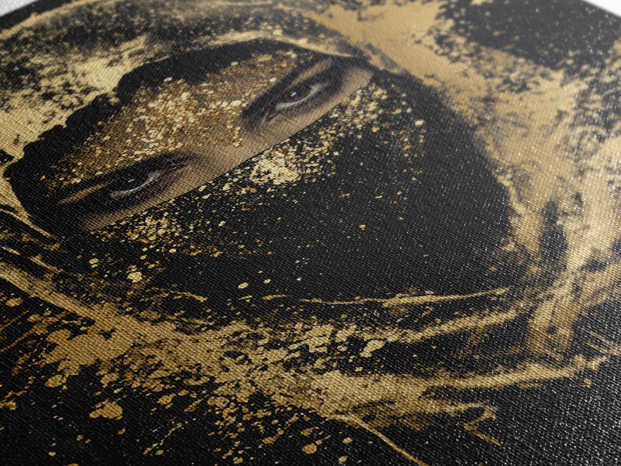 Mystical Veiled Woman Gold Canvas Print, Splatter Style Portrait Art, Ethereal Female Artwork, Real Wood Frame Wall Decor