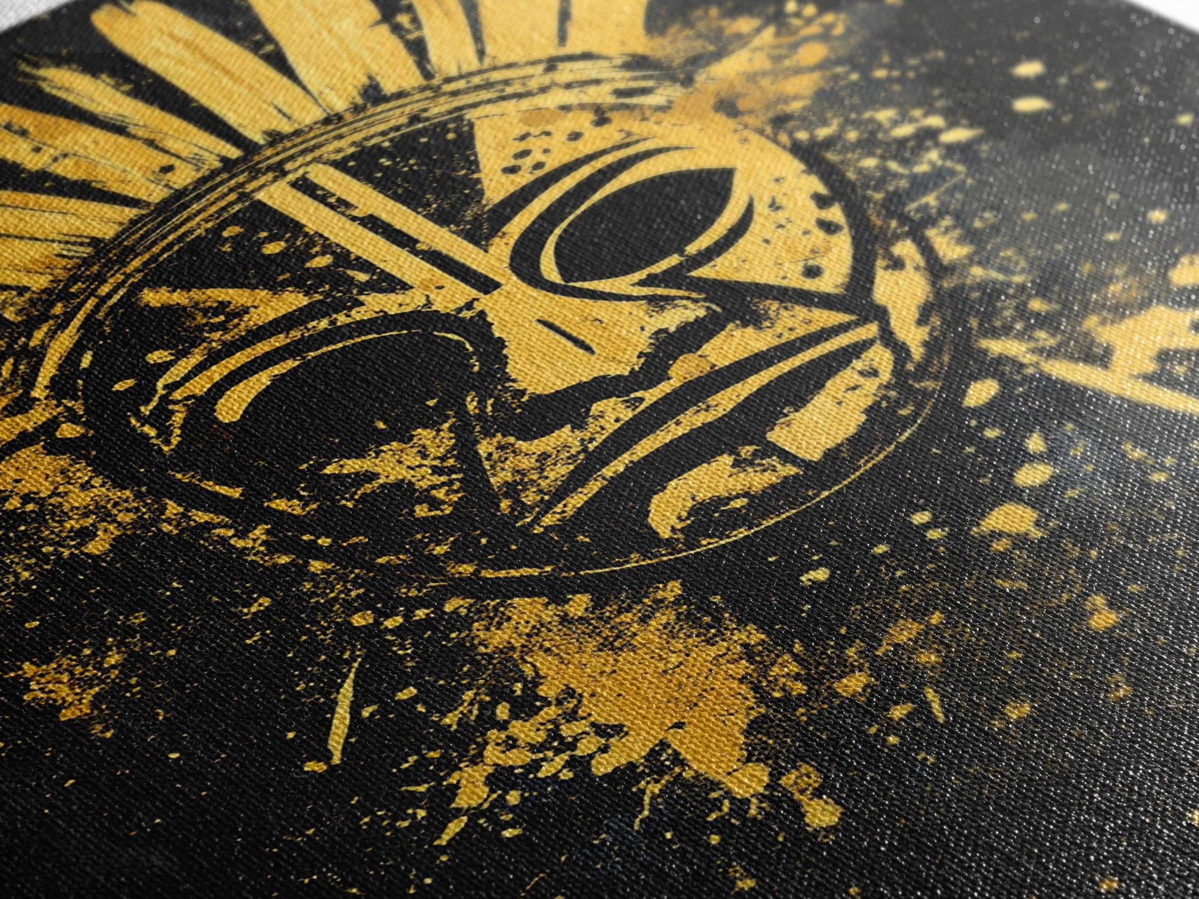 Feathered Tribal Mask Gold Canvas Print, Ancestral Face Art, Splatter Style Ethnic Wall Hanging, Real Wood Frame Artwork