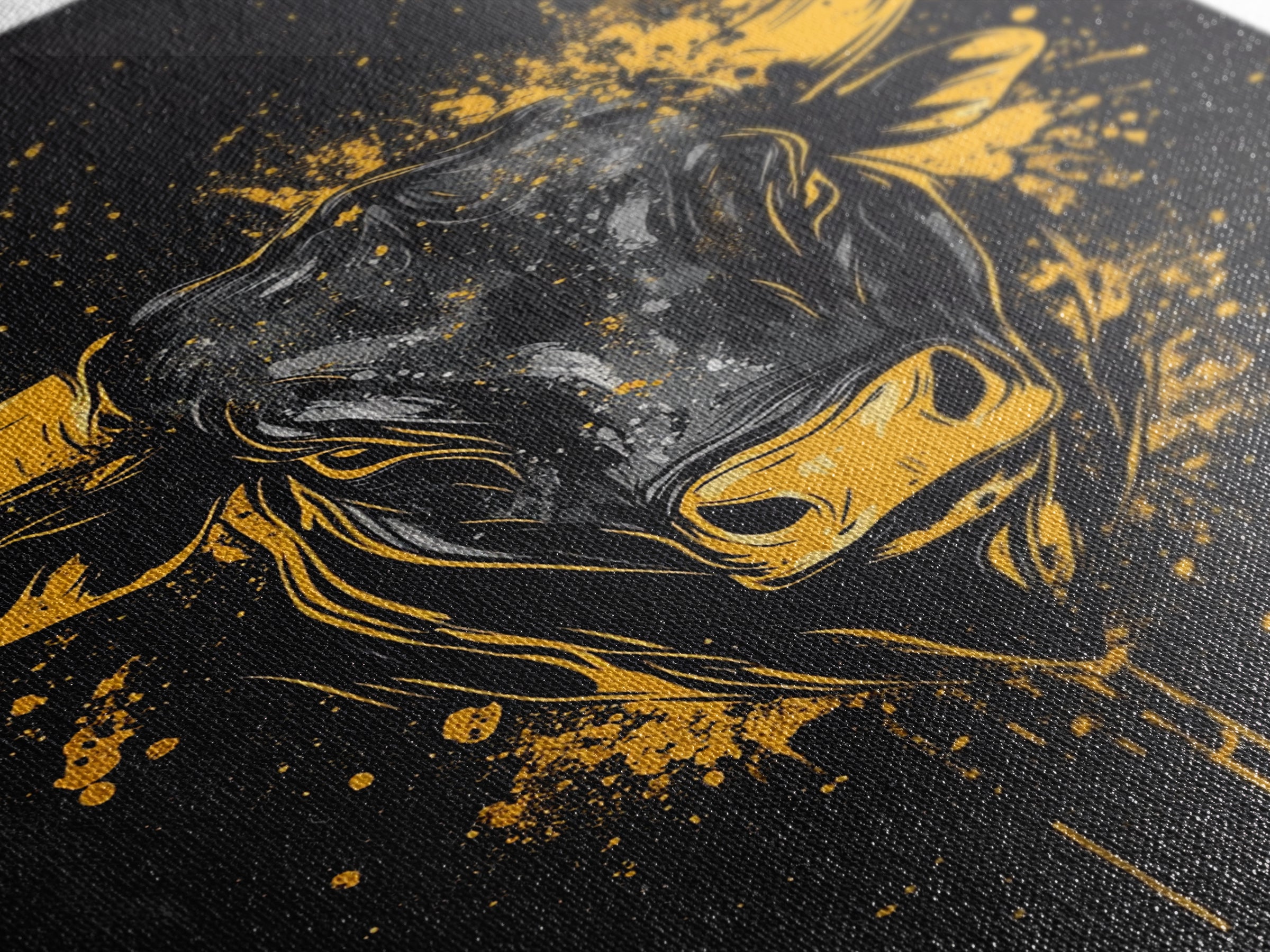 Powerful Bull Head Gold Canvas Print, Abstract Splatter Animal Art, Bold Strength Symbol Artwork, Real Wood Frame Wall Decor