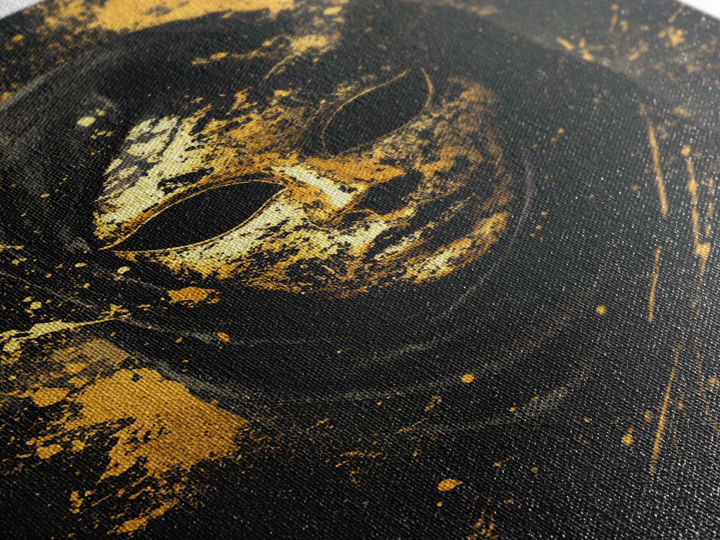 Mysterious Veiled Mask Gold Canvas Print, Splatter Style Female Portrait, Abstract Ethereal Face Artwork, Real Wood Frame Decor