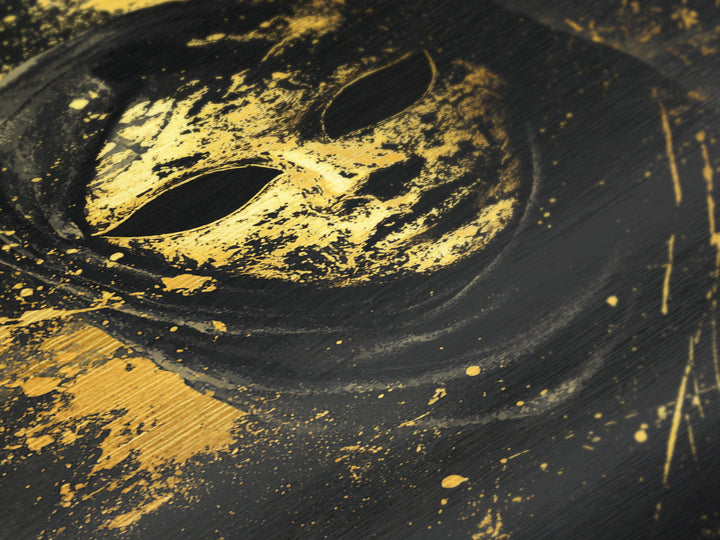 Mysterious Veiled Mask Metallic Gold Metal Print, Splatter Style Female Portrait, Abstract Ethereal Face Artwork, Real Wood Frame Decor