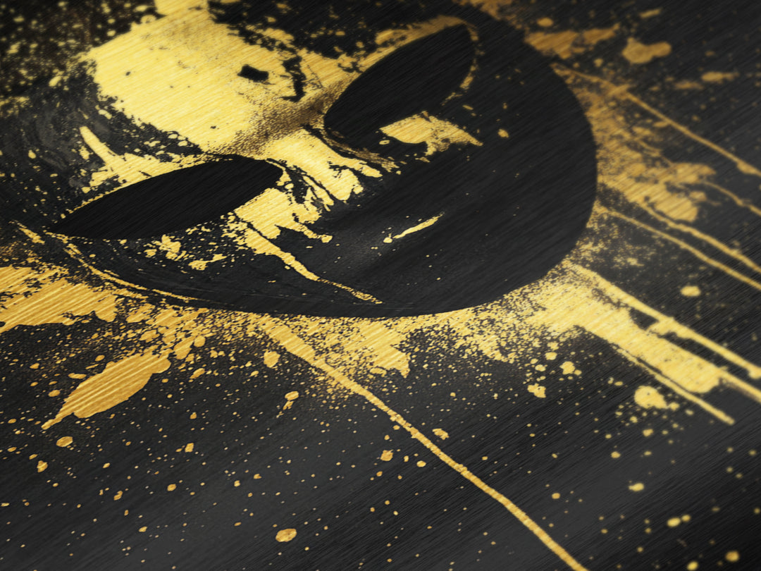 Abstract Splatter Mask Metallic Gold Metal Print, Bold Modern Face Art, Tribal Inspired Wall Decor, Real Wood Frame