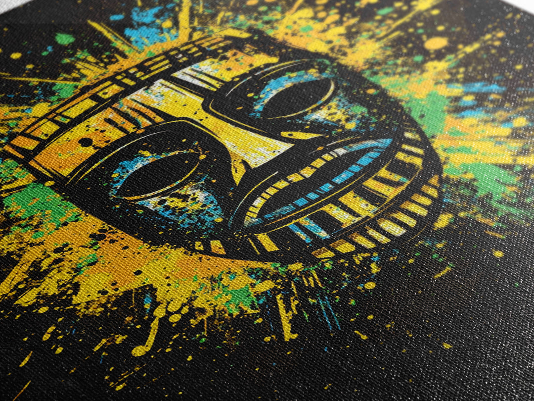 Vibrant Tribal Mask Gold Canvas Art, Ethnic Splatter Style Face Print, Colorful Abstract Wall Decor, Real Wood Frame