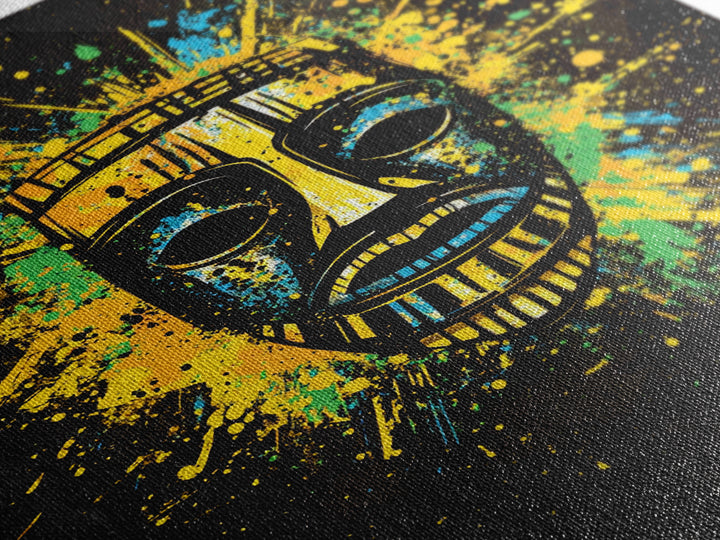 Vibrant Tribal Mask Gold Canvas Art, Ethnic Splatter Style Face Print, Colorful Abstract Wall Decor, Real Wood Frame