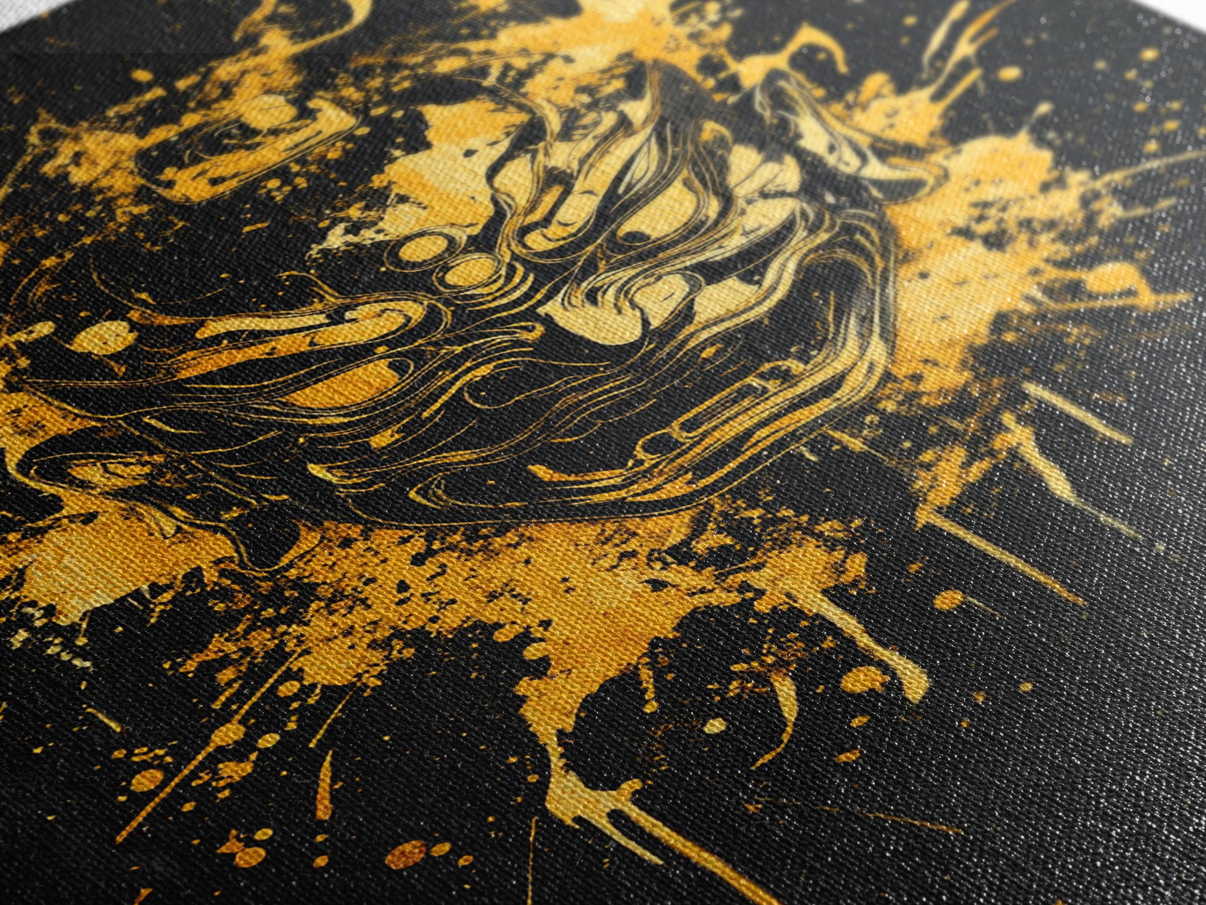 Oni Demon Mask Gold Canvas Print, Japanese Mythology Inspired Art, Splatter Style Wall Decor, Real Wood Frame