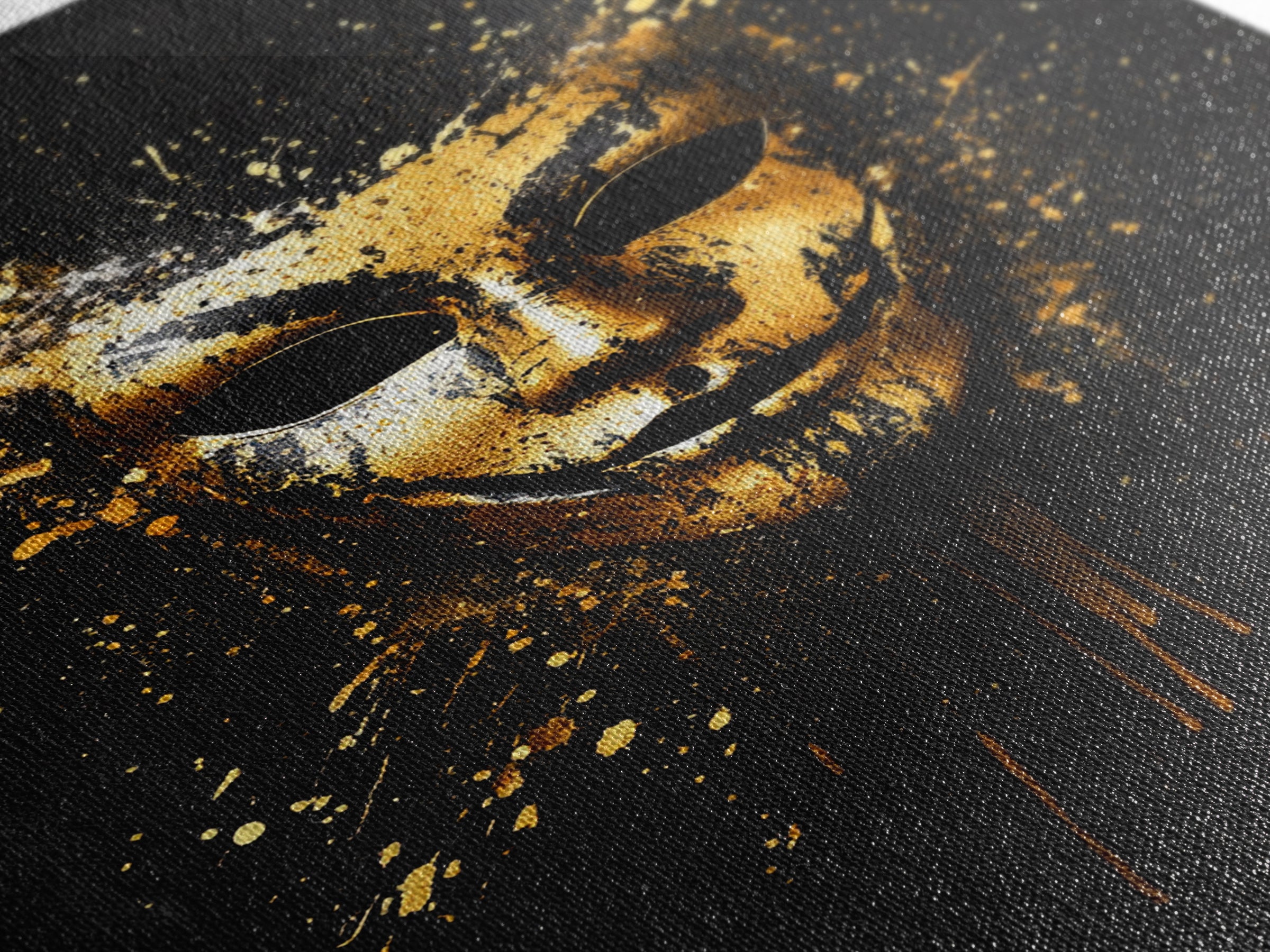 Abstract Painted Mask Gold Canvas Print, Modern Face Art, Bold Splatter Style Wall Decoration, Real Wood Frame
