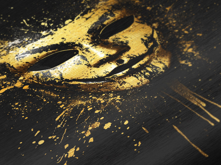 Abstract Painted Mask Metallic Gold Metal Print, Modern Face Art, Bold Splatter Style Wall Decoration, Real Wood Frame