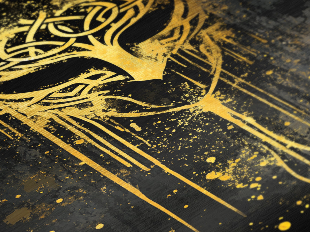 Celtic Knot Mask Metallic Gold Art, Intricate Tribal Inspired Design, Abstract Splatter Wall Decor, Real Wood Frame