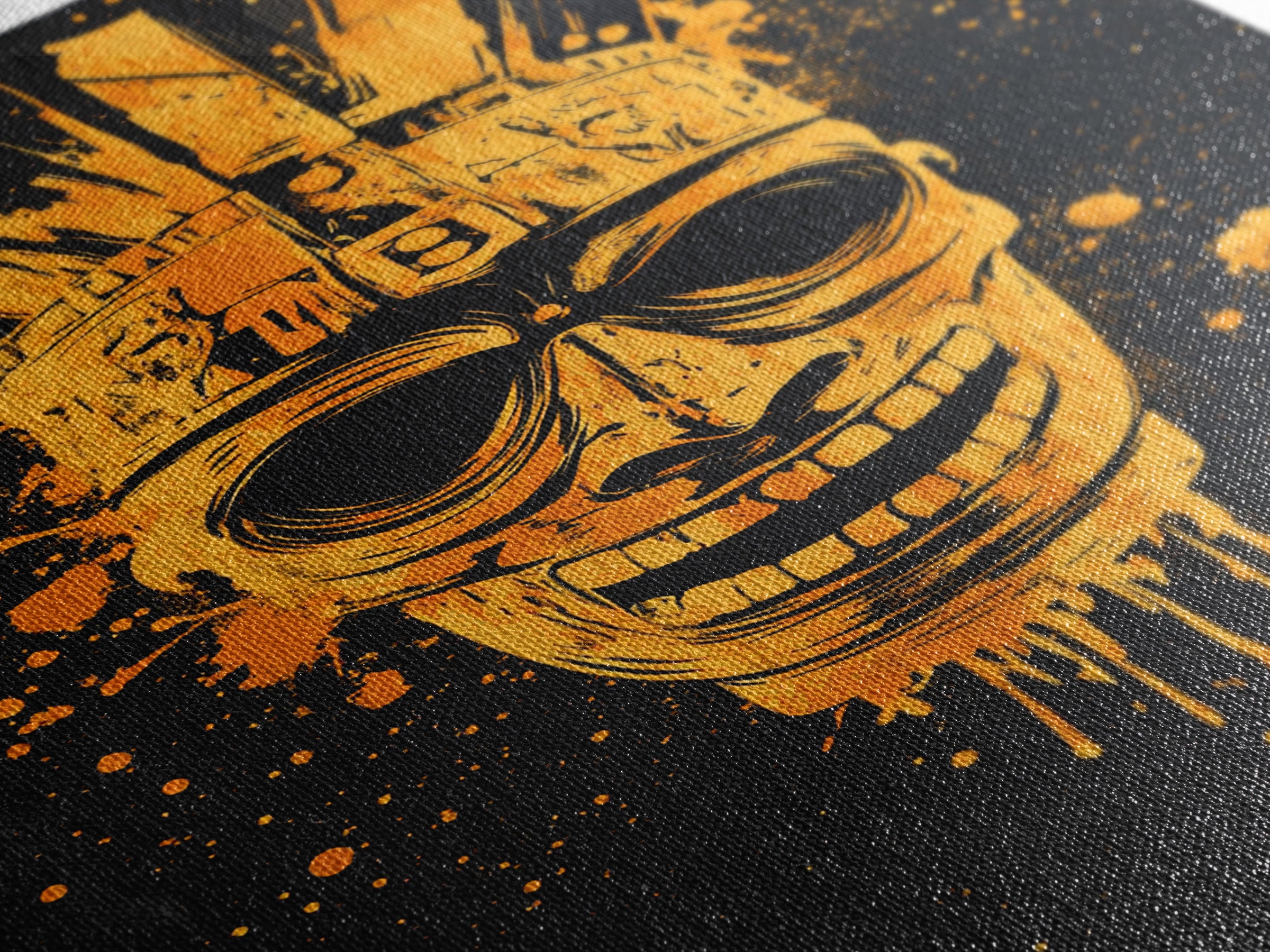 Ancient Warrior Mask Gold Canvas Print, Tribal Armor Inspired Face Art, Bold Splatter Wall Decor, Real Wood Frame