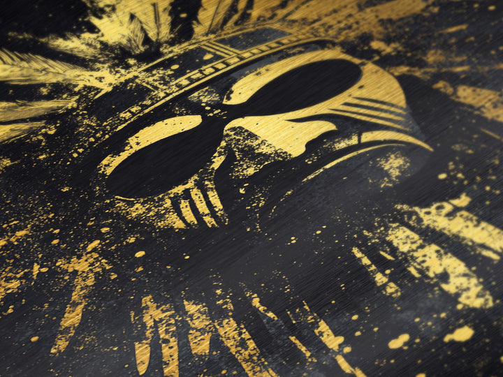 Aztec Sun Mask Metallic Gold Metal Print, Tribal Inspired Ancient Face Art, Splatter Style Wall Decor, Real Wood Frame