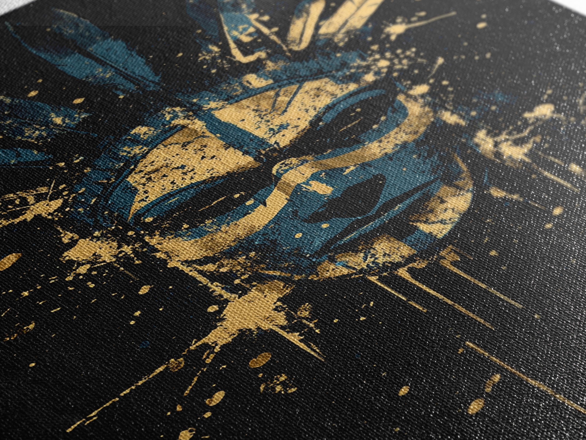 Tribal Feather Mask Gold Canvas Print, Abstract Splatter Mask Wall Art, Real Wood Frame, Modern Ethnic Home Decor
