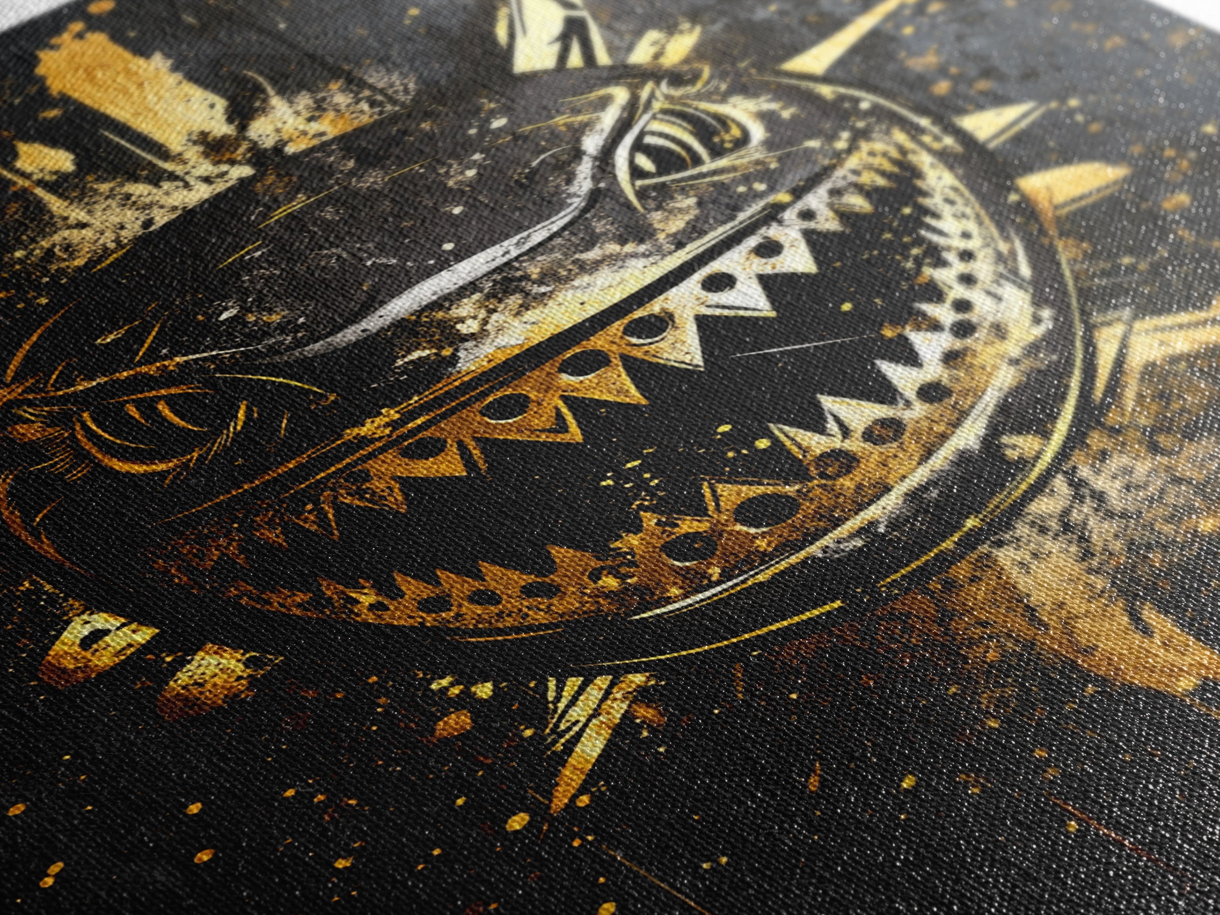Shark Splatter Gold Canvas Print, Abstract Ocean Predator Wall Art, Real Wood Frame, Bold Modern Sea Life Artwork