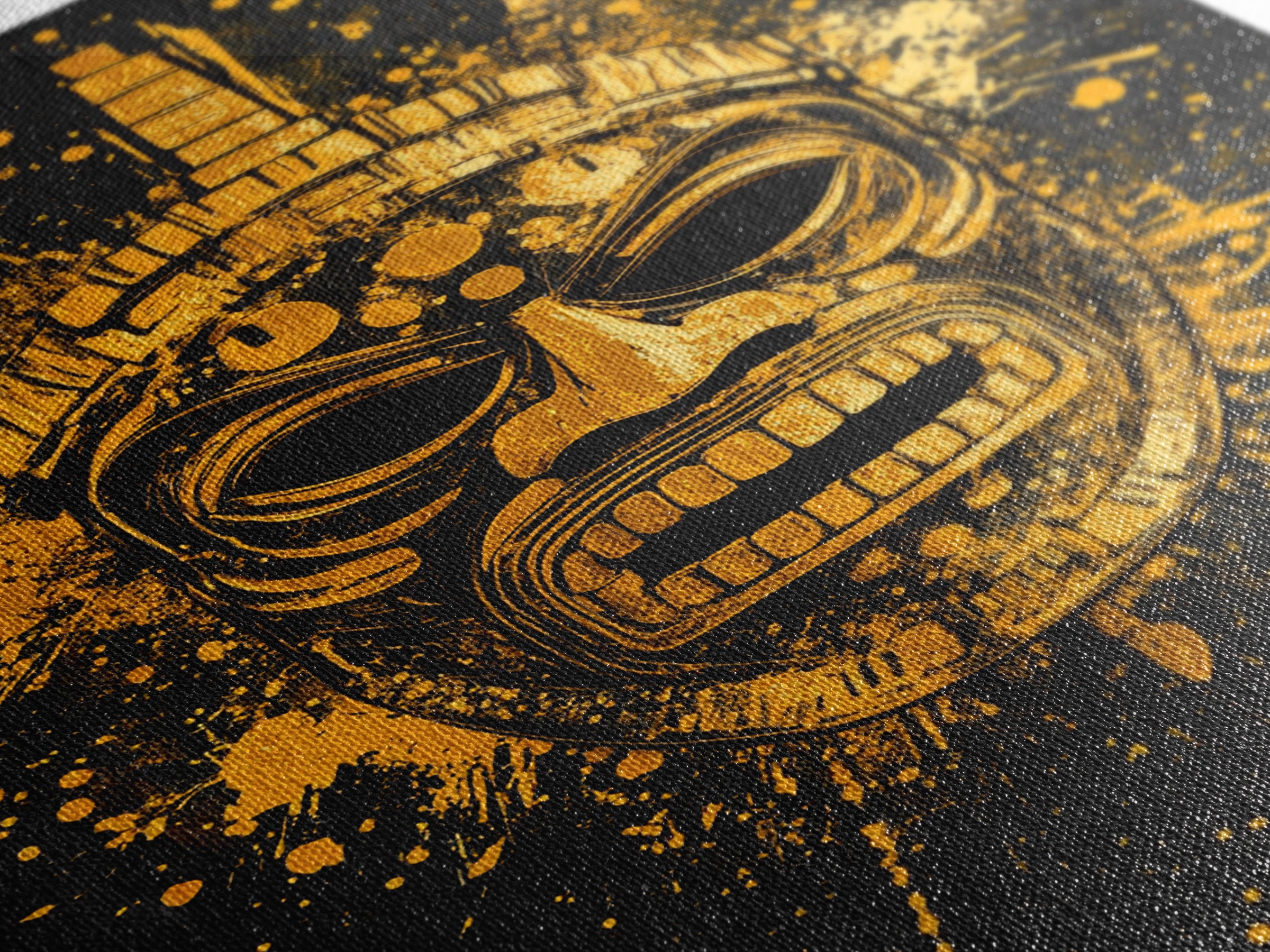 Abstract Alien Mask Gold Canvas Print, Futuristic Splatter Art, Minimalist Wall Art, Real Wood Frame, Modern Home Decor