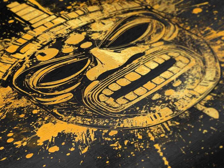 Abstract Alien Mask Metallic Gold Metal Print, Futuristic Splatter Art, Minimalist Wall Art, Real Wood Frame, Modern Home Decor