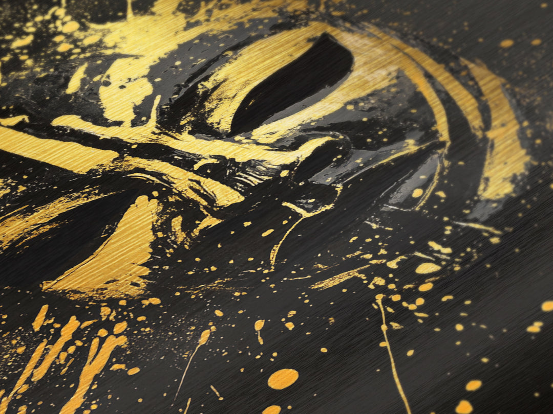Samurai Oni Mask Metallic Gold Metal Print, Japanese Splatter Artwork, Warrior Wall Art, Real Wood Frame, Bold Cultural Decor