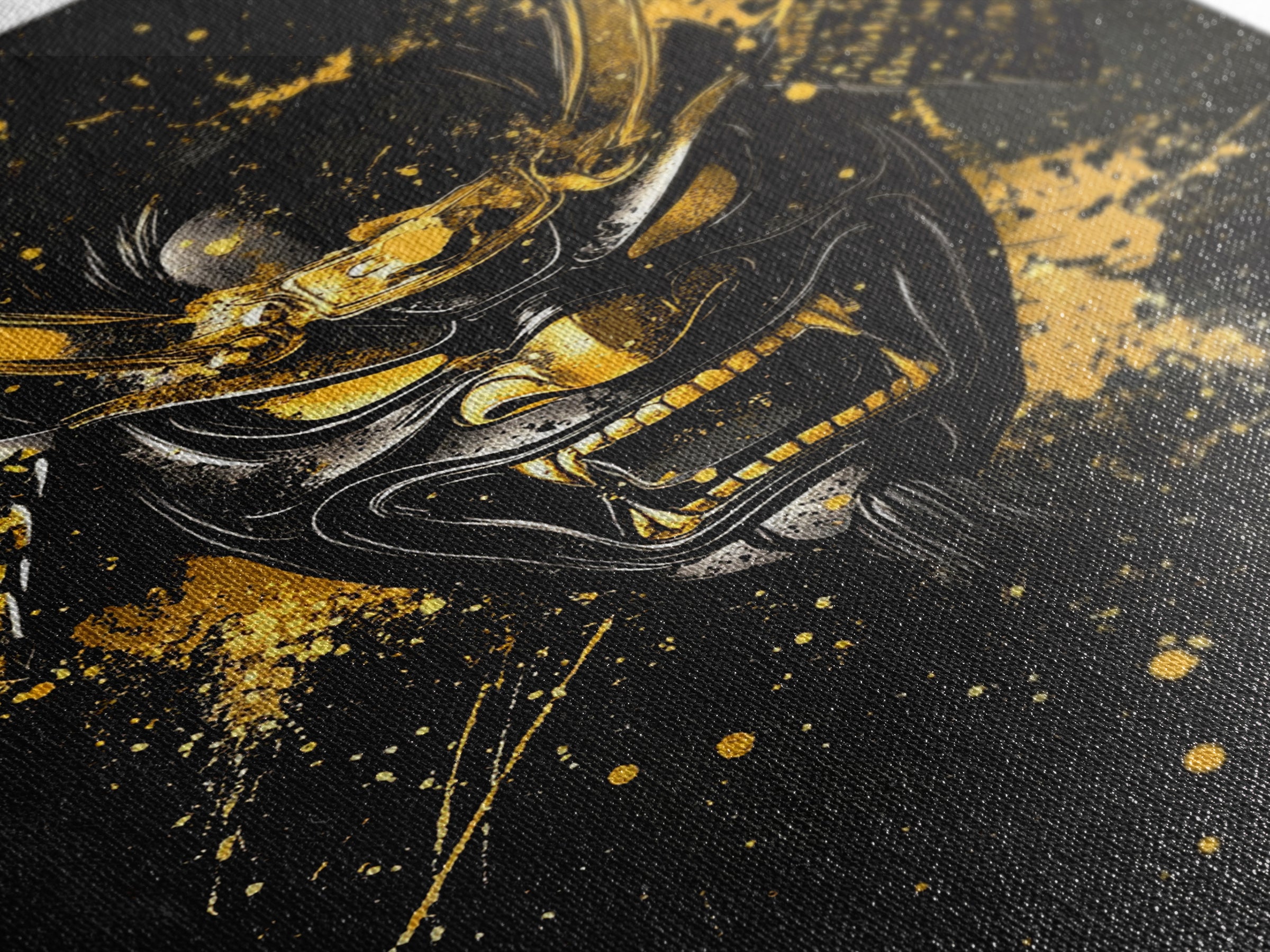 Vampire Mask Gold Canvas Print, Gothic Splatter Wall Art, Horror Decor, Real Wood Frame, Dark Artistic Statement Artwork