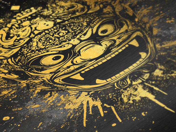 Balinese Barong Mask Metallic Gold Metal Print, Tribal Wall Art, Mythical Creature Artwork, Real Wood Frame, Unique Home Decor