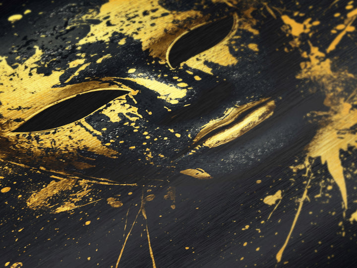 Venetian Mask Metallic Gold Metal Print, Elegant Wall Art, Luxury Mask Artwork, Real Wood Frame, Dramatic Splatter Effect Home Decor