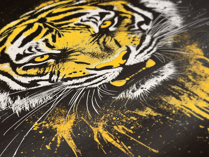 Tiger Face Metallic Gold Metal Print, Wildlife Wall Art, Jungle Animal Artwork, Real Wood Frame, Fierce Predator Home Accent