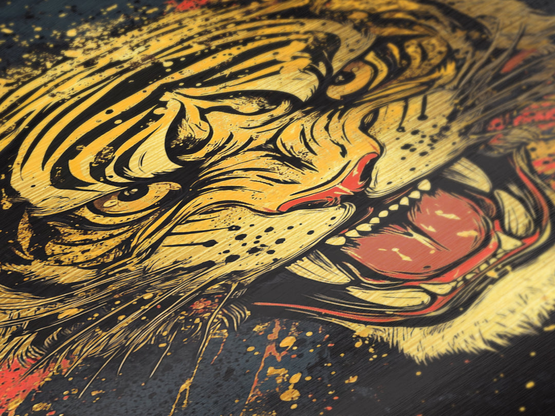 Roaring Tiger Metallic Gold Metal Print, Wildlife Wall Art, Bold Jungle Cat Artwork, Real Wood Frame, Intense Animal Decor For Home