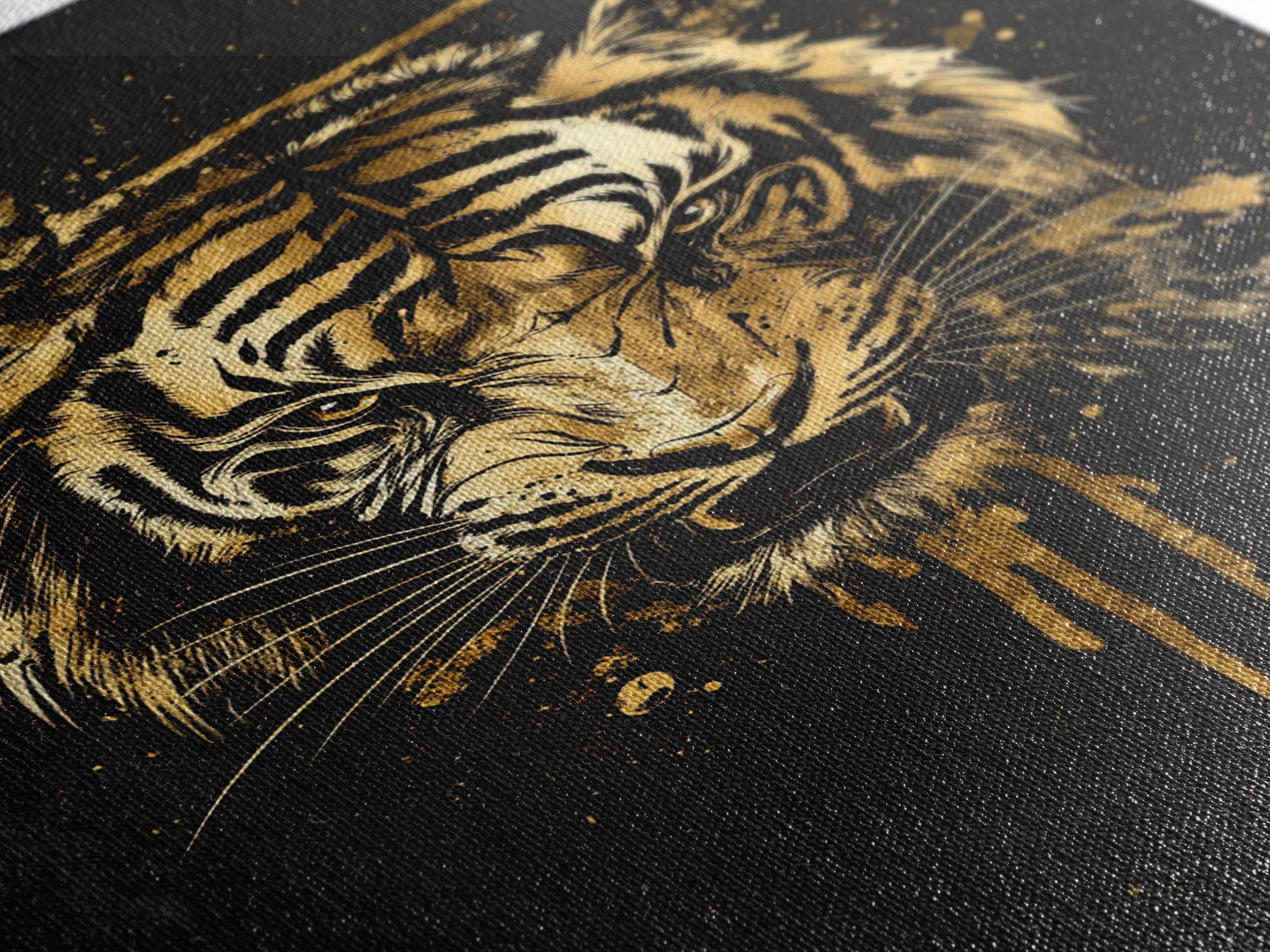 Tiger Head Gold Canvas Print, Fierce Jungle Cat Wall Art, Animal Spirit Artwork, Real Wood Frame, Powerful Wildlife Home Decor