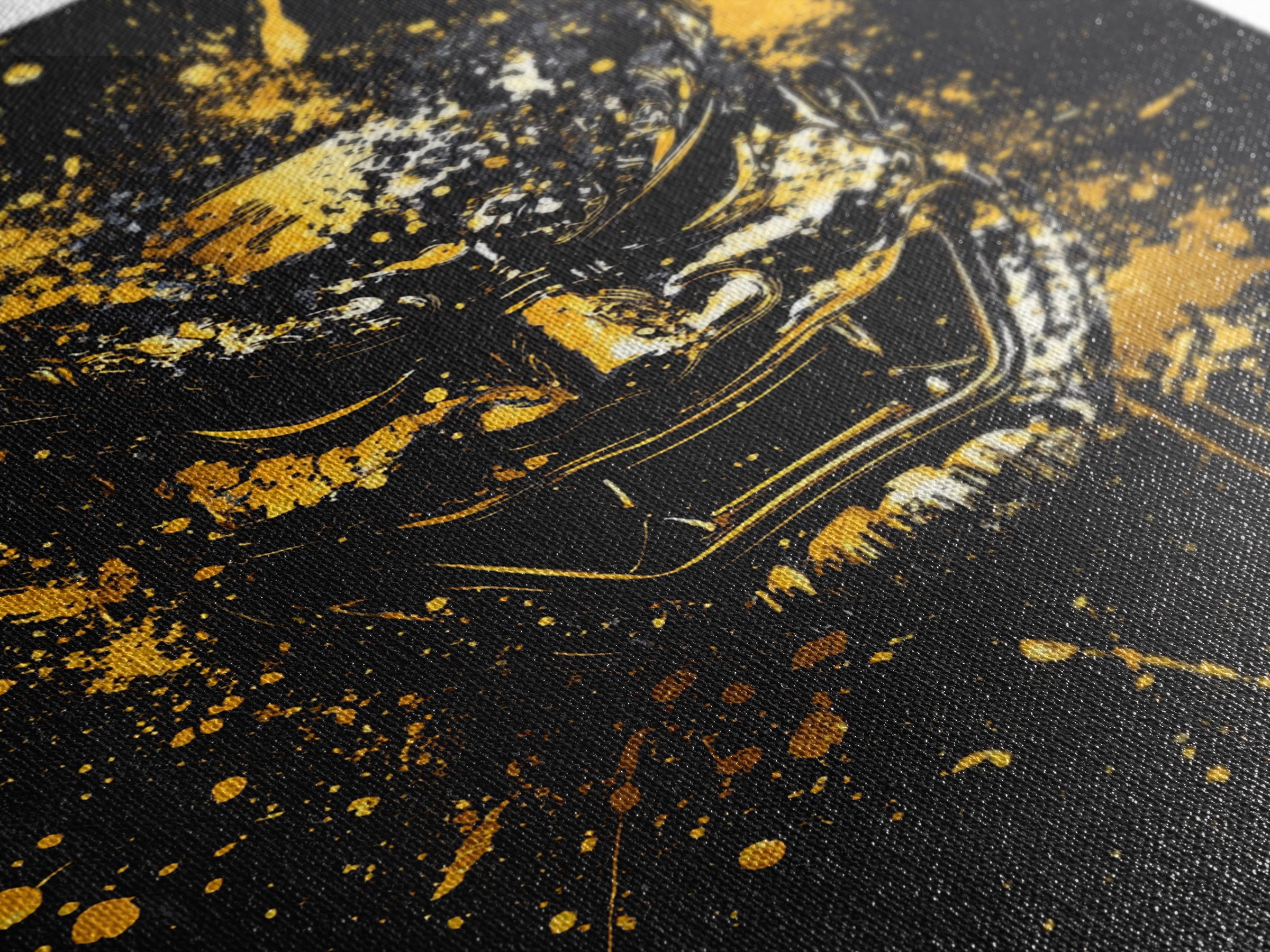 Samurai Mask Gold Canvas Print, Japanese Warrior Art, Splatter Style Wall Decor, Fierce Samurai Artwork, Real Wood Framed