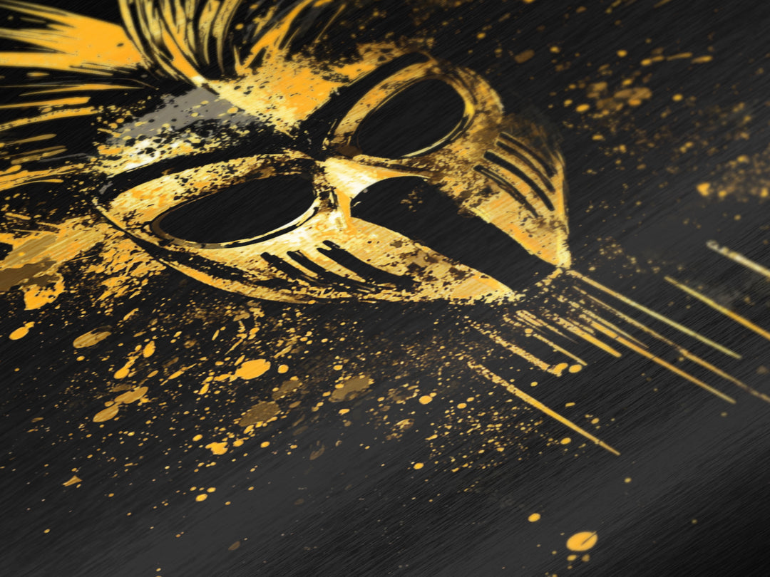 Tribal Warrior Mask Metallic Gold Metal Print, African Inspired Splatter Art, Bold Tribal Wall Decor, Fierce Artwork, Real Wood Framed