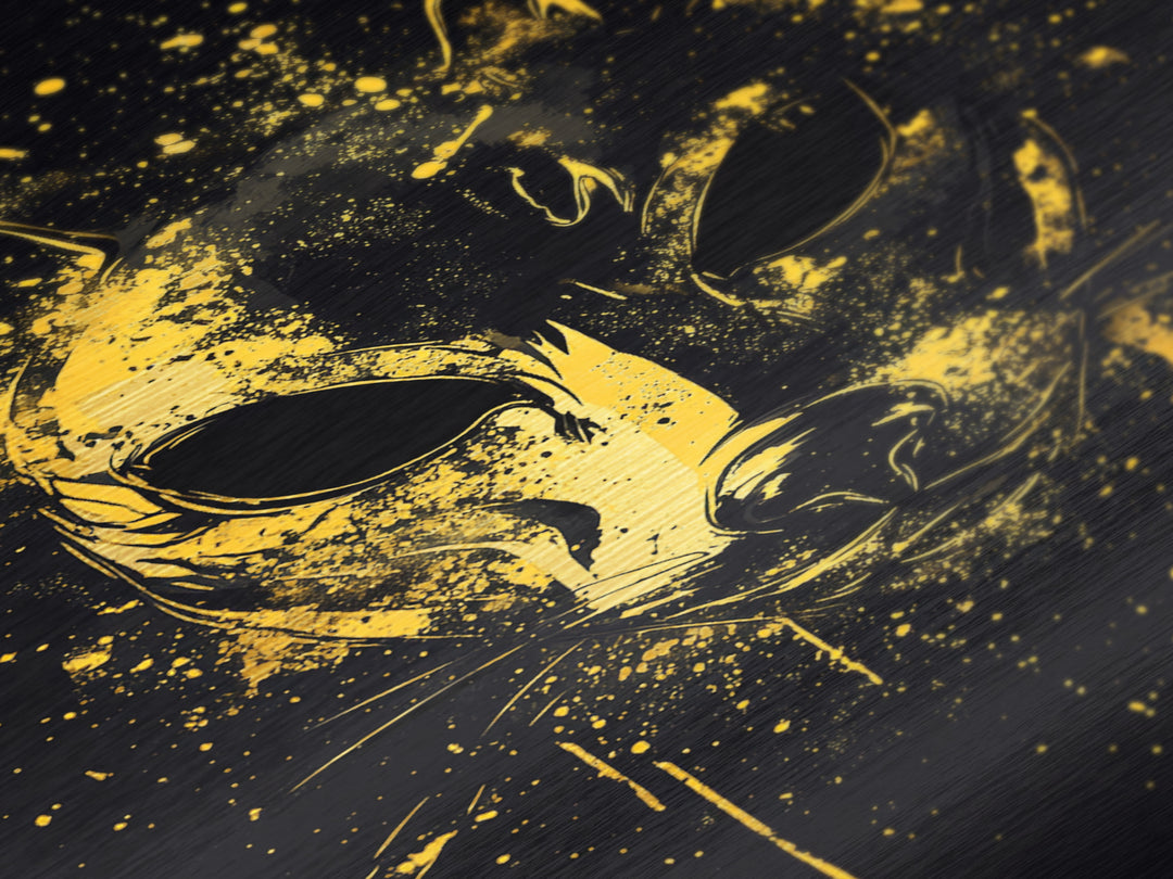 Cat Mask Metallic Gold Metal Print, Mystical Splatter Art, Animal Spirit Wall Decor, Unique Feline Artwork, Real Wood Framed