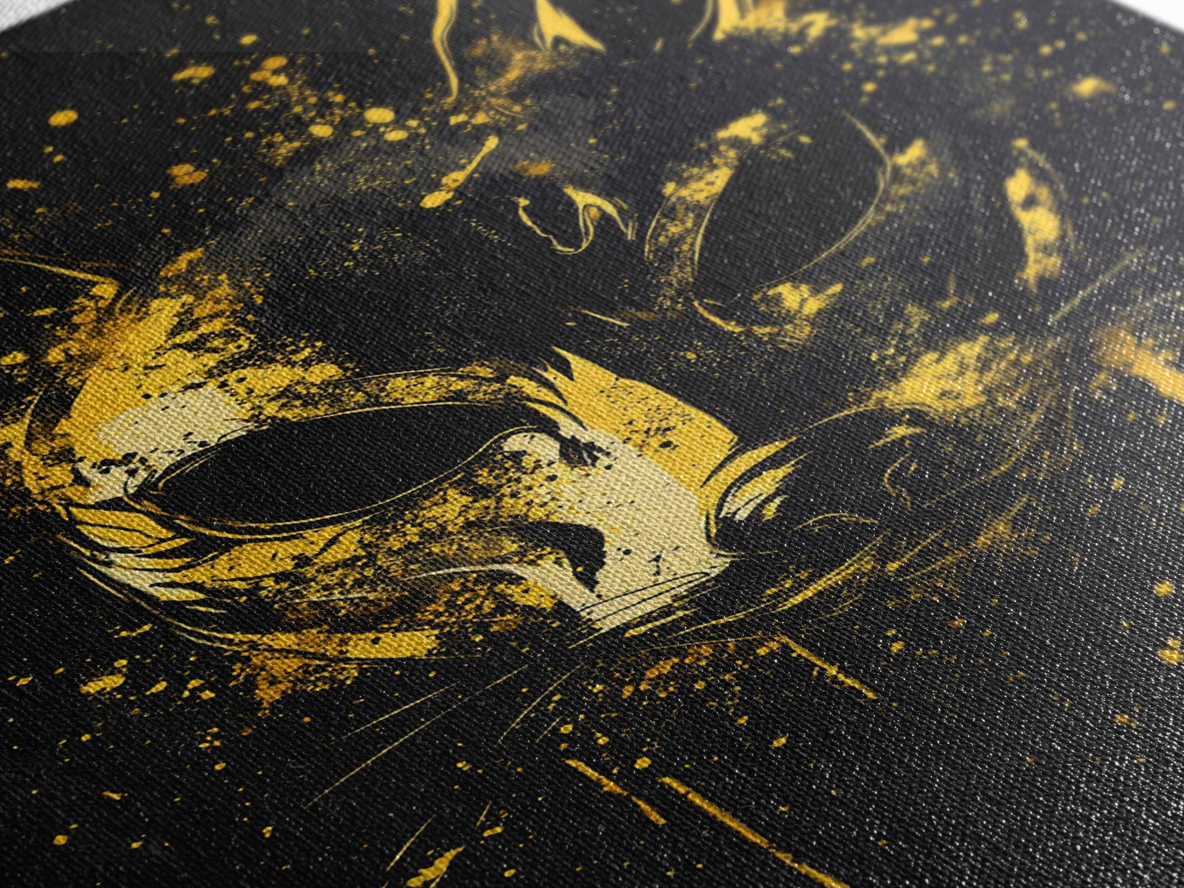 Cat Mask Gold Canvas Print, Mystical Splatter Art, Animal Spirit Wall Decor, Unique Feline Artwork, Real Wood Framed