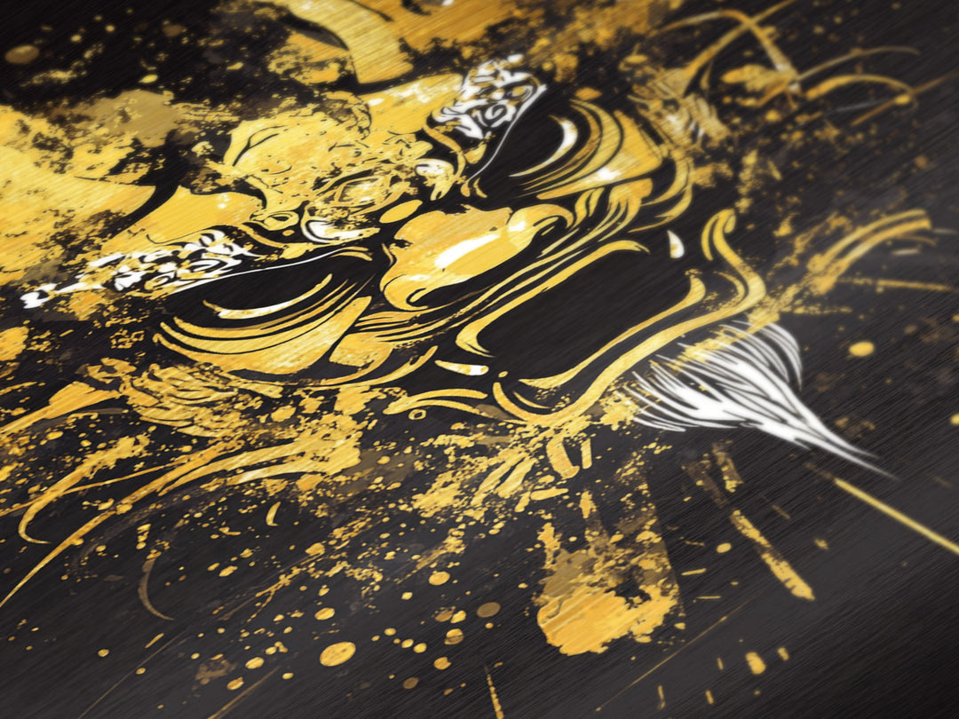 Dragon Mask Metallic Gold Metal Print, Mythical Splatter Art, Asian Inspired Wall Decor, Fierce Dragon Artwork, Real Wood Framed
