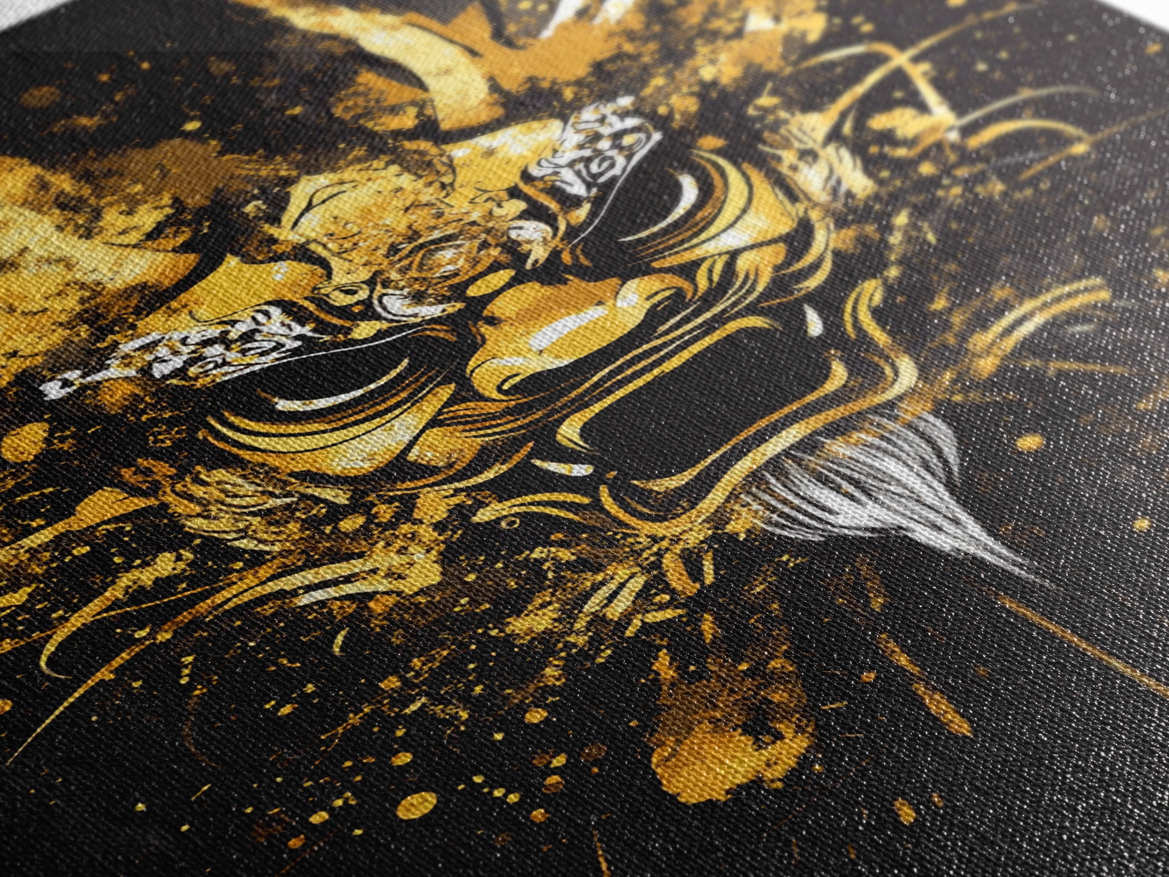 Dragon Mask Gold Canvas Print, Mythical Splatter Art, Asian Inspired Wall Decor, Fierce Dragon Artwork, Real Wood Framed