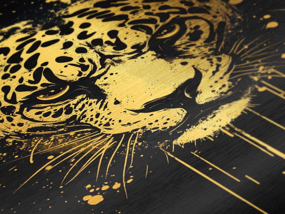 Leopard Head Metallic Gold Metal Print, Jungle Cat Wall Art, Animal Spirit Decor, Real Wood Framed Fierce Modern Artwork