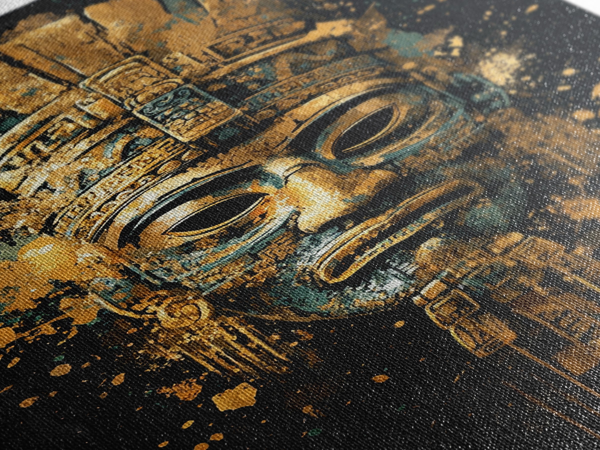 Mayan Inspired Mask Gold Canvas Print, Ancient Civilization Art, Tribal Wall Decor, Real Wood Framed Gold Artwork