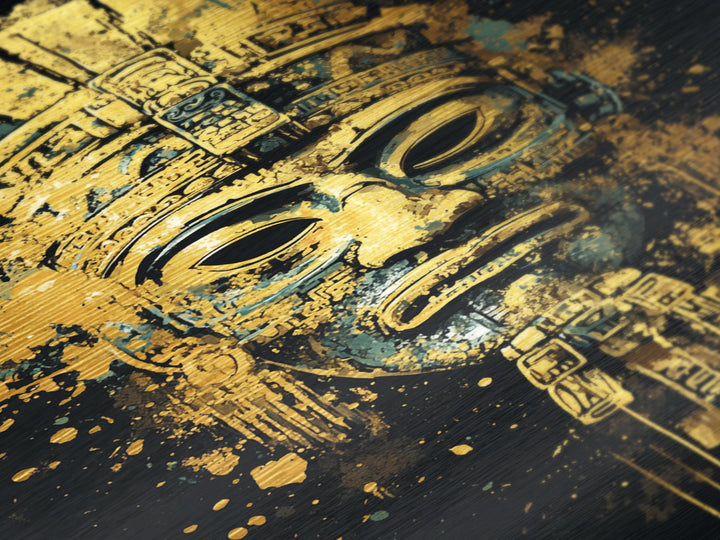 Mayan Inspired Mask Metallic Gold Metal Print, Ancient Civilization Art, Tribal Wall Decor, Real Wood Framed Gold Artwork