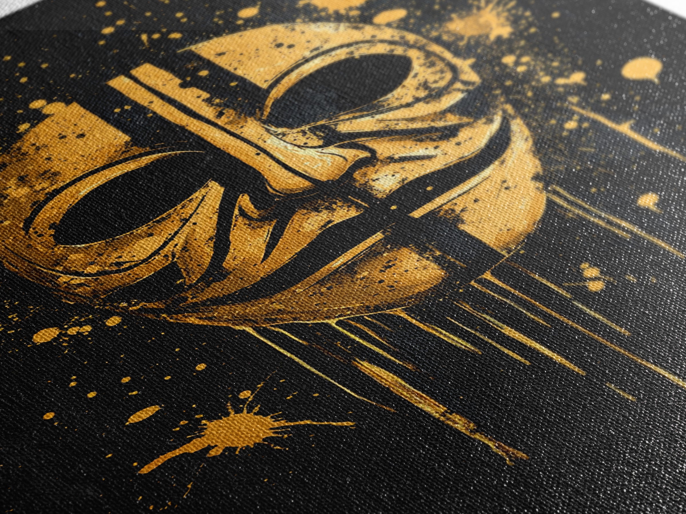 Mystical Mask Gold Canvas Print, Abstract Tribal Art, Splatter Canvas Wall Decor, Real Wood Frame, Modern Statement Artwork