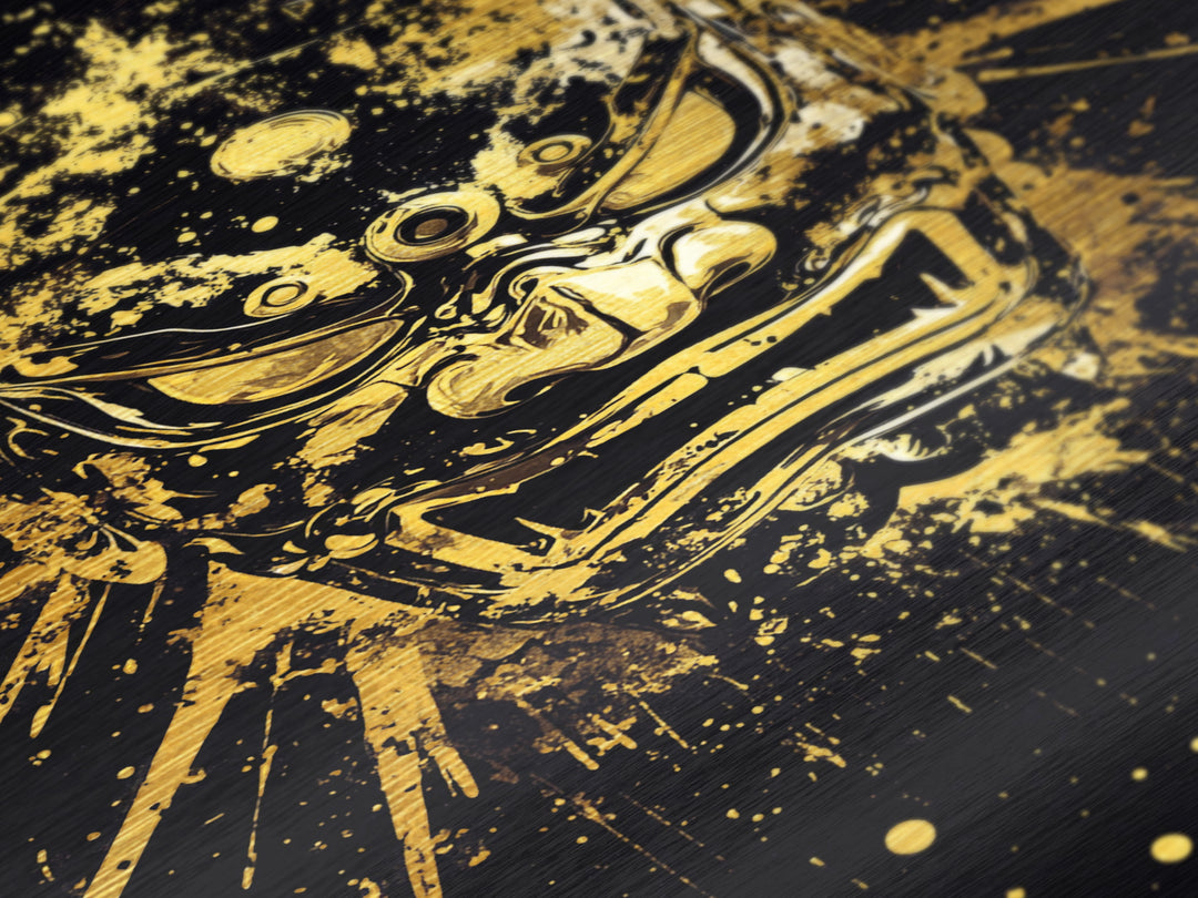 Demon Mask Metallic Gold Metal Print, Fierce Samurai Style Art, Splatter Wall Decor, Real Wood Frame, Bold Statement Artwork