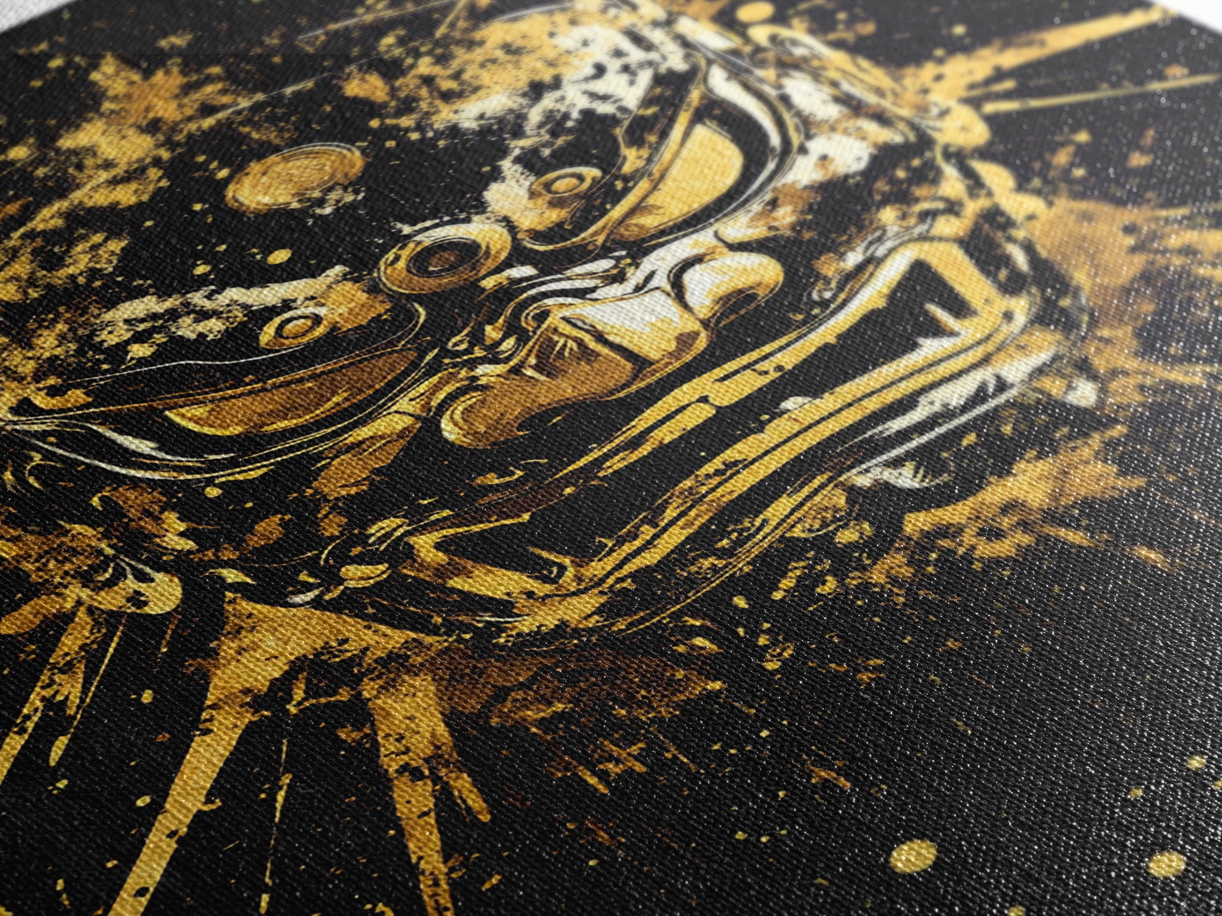 Demon Mask Gold Canvas Print, Fierce Samurai Style Art, Splatter Wall Decor, Real Wood Frame, Bold Statement Artwork