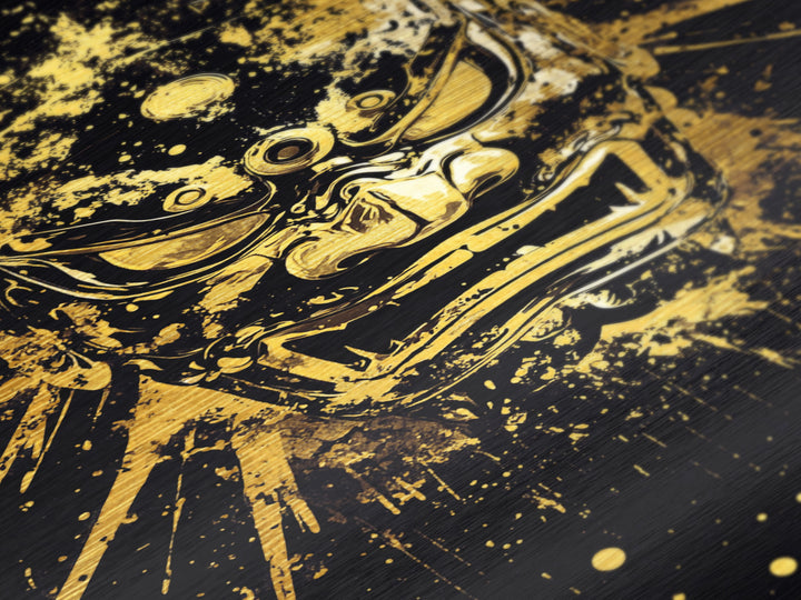 Demon Mask Metallic Gold Metal Print, Fierce Samurai Style Art, Splatter Wall Decor, Real Wood Frame, Bold Statement Artwork