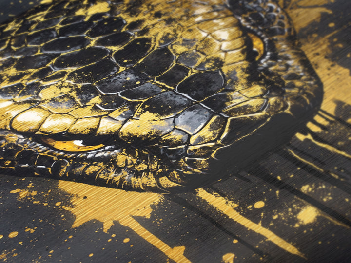 Python Snake Metallic Gold Metal Print, Tribal Reptile Art, Bold Metal Wall Decor, Real Wood Frame, Splatter Animal Artwork