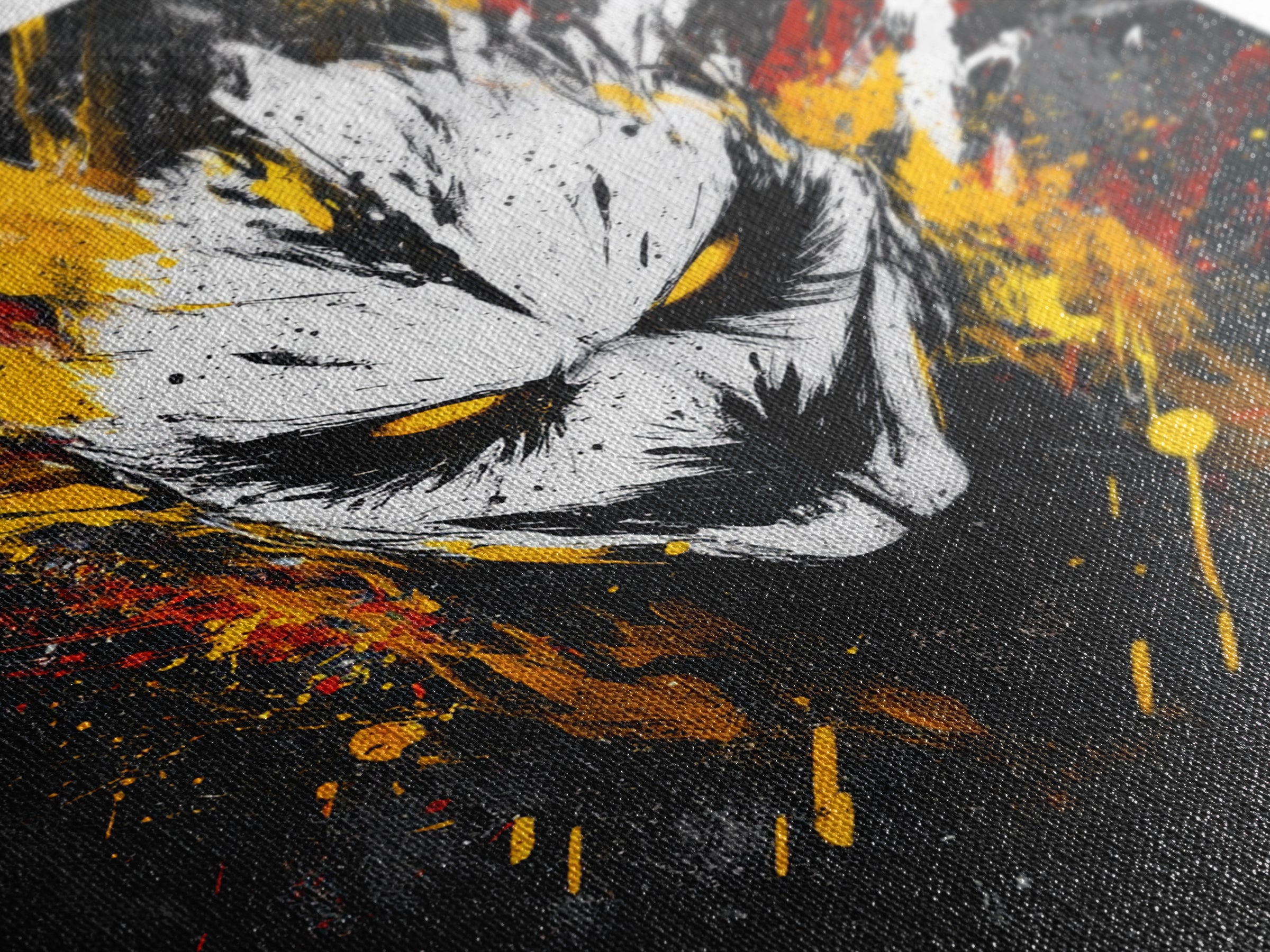 Intense Mask Artwork,Modern Abstract Wall Decor,Real Wood Frame,Bold Fiery Art,Striking Vibrant Statement Piece